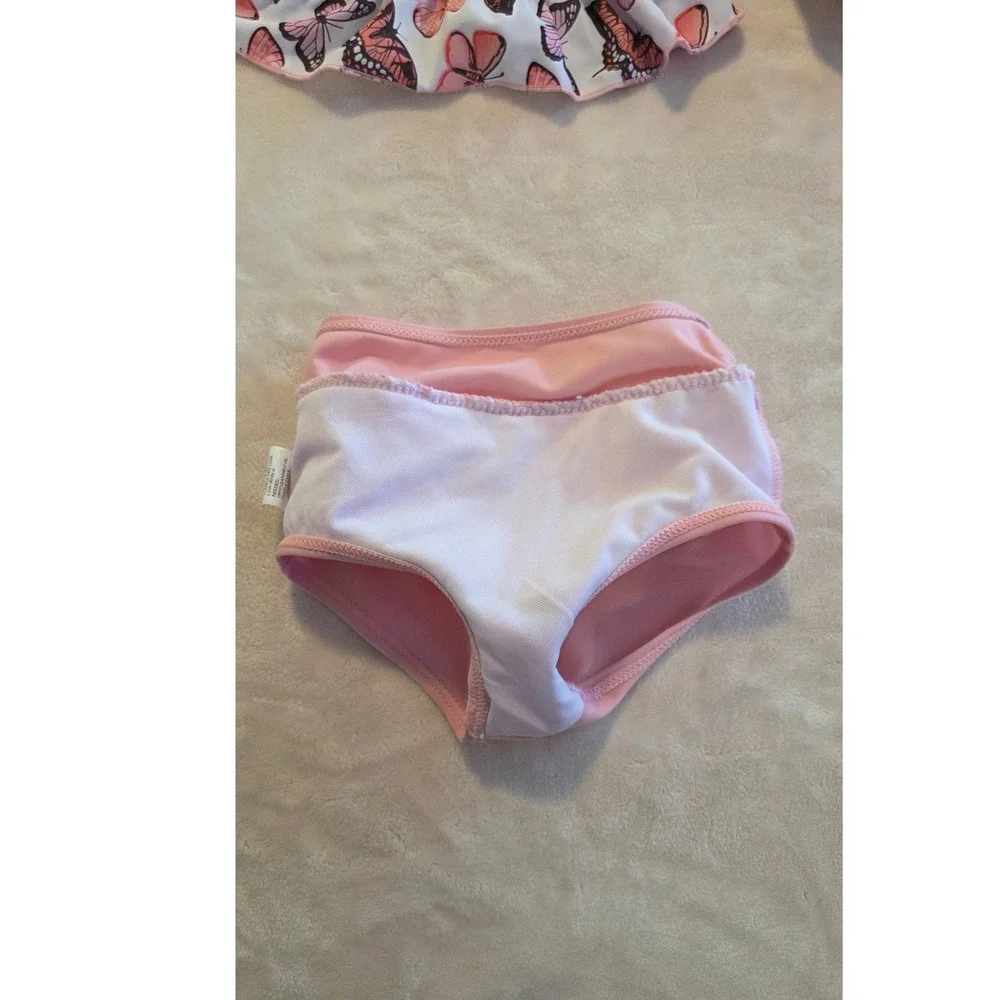 Baby Girl Butterfly Swimsuit Set 3-6M 3pc Bikini Hat Pink‎ Ruffle Swim Outfit